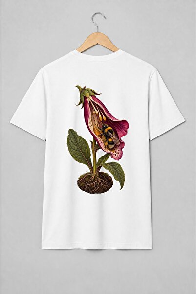 Generic Brand Tricou unisex cu Floare de degetar cu bondar ilustrație botanică