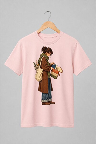 Generic Brand Tricou unisex cu Femeie cu carte și flori uscate stil cottagecore