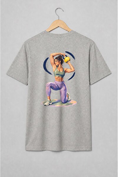 Generic Brand Tricou unisex cu Femeie cu kettlebell în fandare fitness