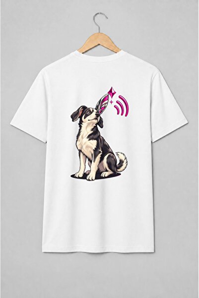 Generic Brand Tricou unisex cu Cățeluș alb-negru cu detalii futuriste