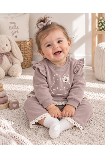 hümabebe Rabbit Detail Shoulder Snap Fastener Shawl Winter 2-Piece Baby Set