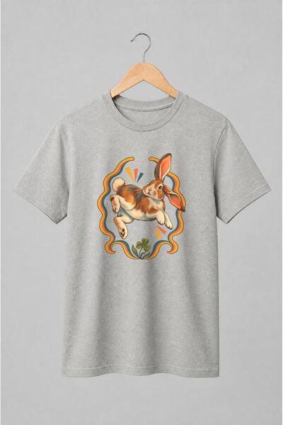 Generic Brand Tricou unisex cu Iepure săritor cu trifoi retro