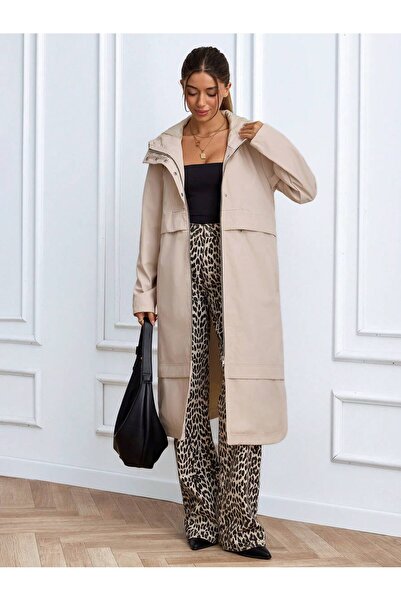ladyzey Women's Beige Hooded Long Trench Coat with Drawstring Waist