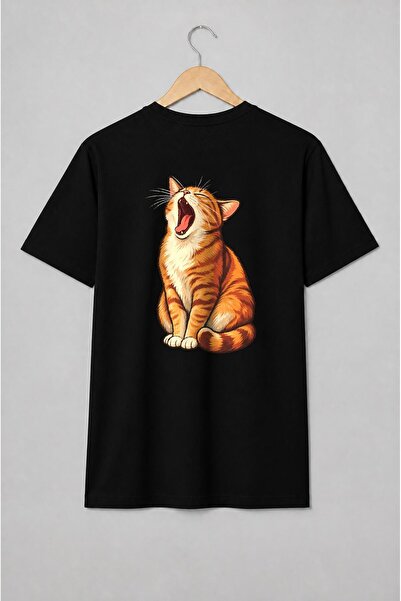 Generic Brand Tricou unisex cu Pisică tigrată care cască stil ilustrat