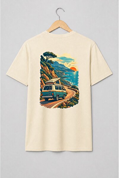 Generic Brand Tricou unisex cu Camper pe drum de coastă mediteraneană retro