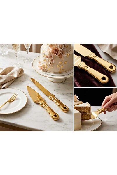 LOVYCO 2'li Lüks Gold Pasta Servis Seti - Paslanmaz Çelik Spatula ve Bıçak Ta...