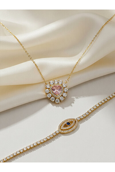 Seyn Accessory Women's Steel Pink Zircon Stone Heart Pendant Necklace & Gold ...