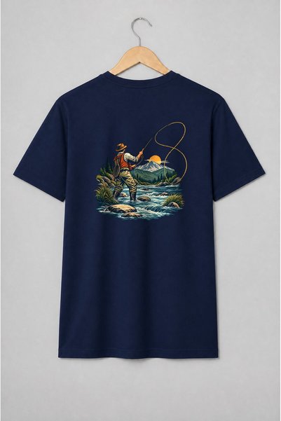 Generic Brand Tricou unisex cu Pescar la muscă în râu montan stil vintage