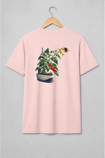 Generic Brand Tricou unisex cu Plantă de roșii în ghiveci cu albină stil botanic