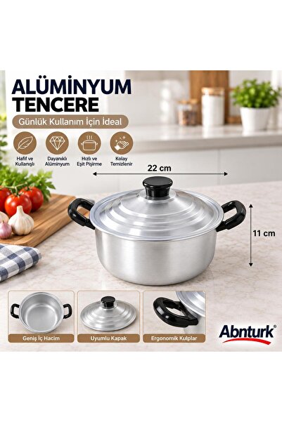 abnturk 22cm Eloksallı Kararmaz Alüminyum Tenceresi- 3,5lt Derin Çift Kulplu ...