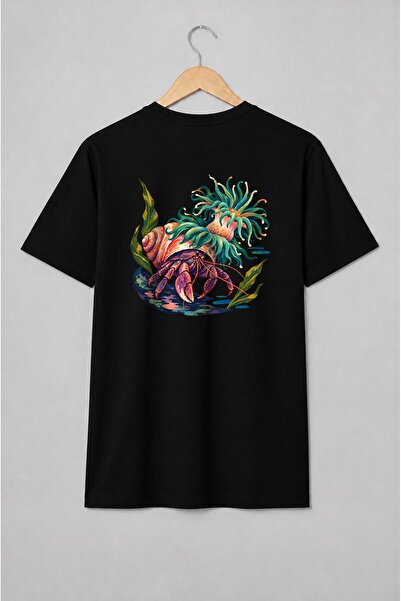 Generic Brand Tricou unisex cu Crab pustnic cu anemone marine stil ilustrat