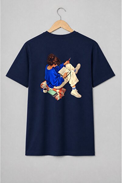 Generic Brand Tricou unisex cu Fată cu jurnal și cărți în stil cozy