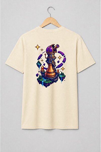 Generic Brand Tricou unisex cu Turn cu telescop și insule plutitoare pixel art