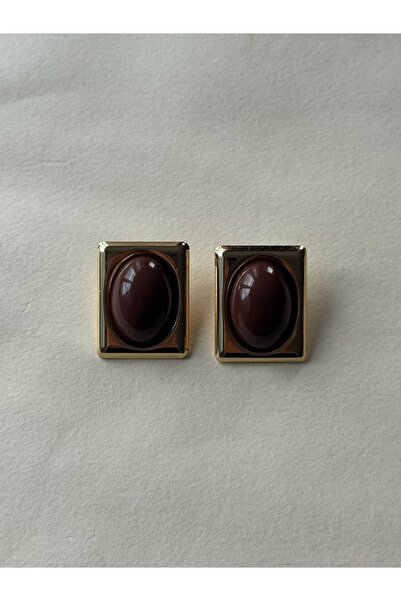 Alveole Jewelry Gold Dikdörtgen Çerçeveli Koyu Kahve Taşlı Vintage Küpe