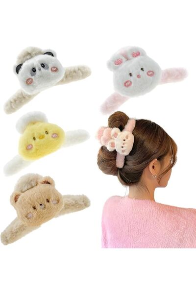 ASKIND 4 Pcs Fluffy Plush Animal Hair Clips for Long and Thick Hair Styling -...
