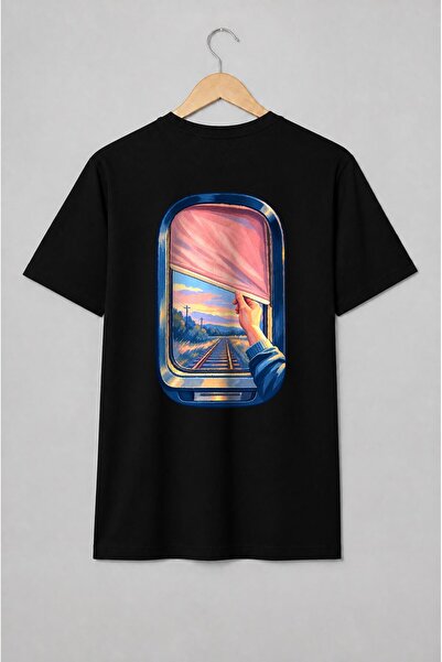Generic Brand Tricou unisex cu Fereastră de tren cu șine la apus pentru călători