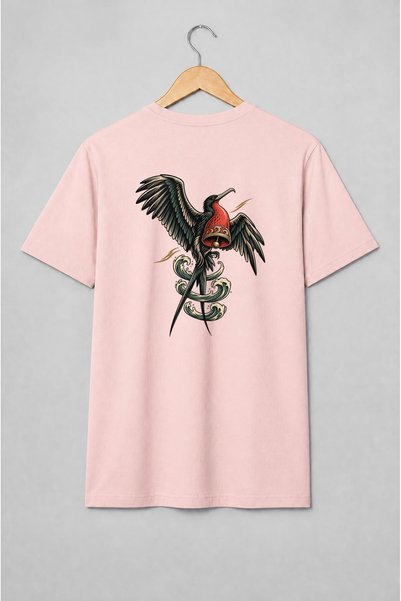 Generic Brand Tricou unisex cu Pasăre fregată cu clopot și valuri stil tatuaj