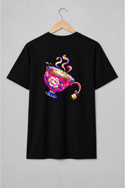 Generic Brand Tricou unisex cu Ceașcă de ceai florală în stil pop art