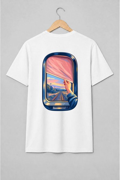Generic Brand Tricou unisex cu Fereastră de tren cu șine la apus pentru călători