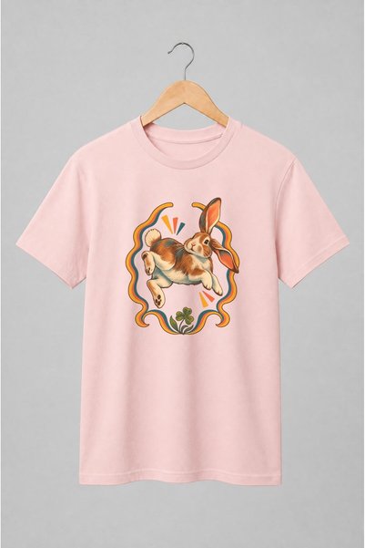 Generic Brand Tricou unisex cu Iepure săritor cu trifoi retro