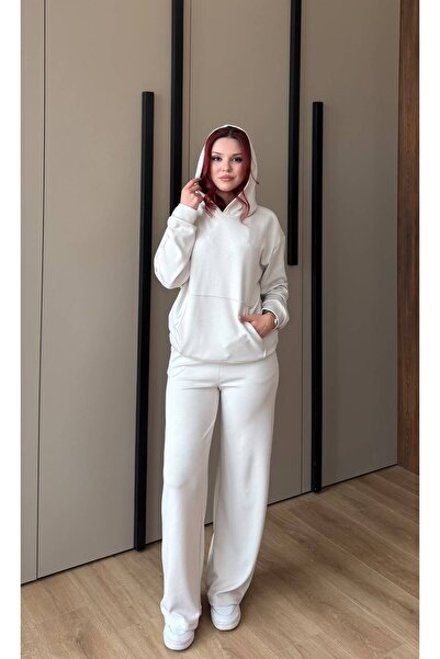 ModaNida Kadın Ekru Modal Oysho Kumaş Oversize Kapüşonlu Kanguru Cepli Eşofma...