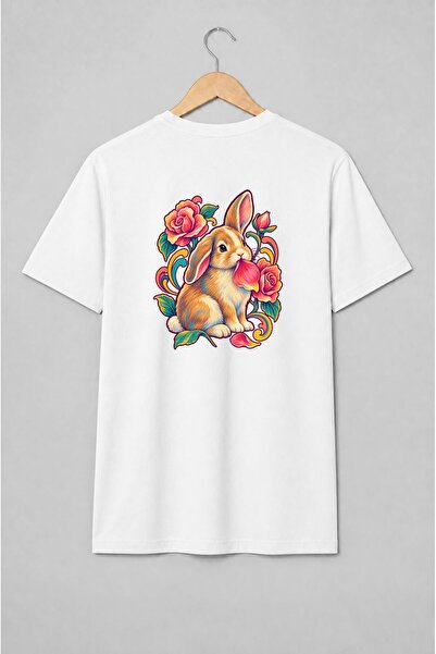 Generic Brand Tricou unisex cu Iepuraș cu trandafiri în stil vintage