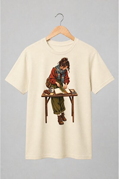 Generic Brand Tricou unisex cu Femeie cu jurnal și frunză de ferigă vintage