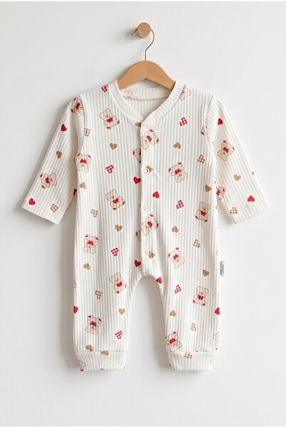 hobbe baby Kalp Ve Ayıcık Desenli Bebek Tulumu 3-6-9 Ay % 100 Pamuk