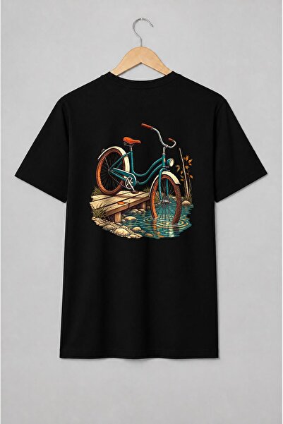 Generic Brand Tricou unisex cu Bicicletă vintage pe pod de lemn