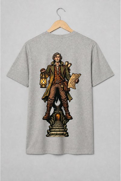 Generic Brand Tricou unisex cu Aventurier fantasy cu felinar și hartă