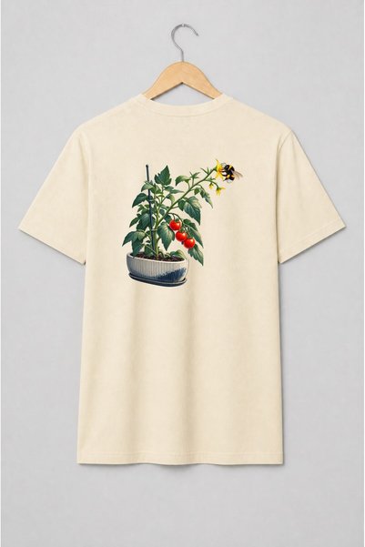 Generic Brand Tricou unisex cu Plantă de roșii în ghiveci cu albină stil botanic