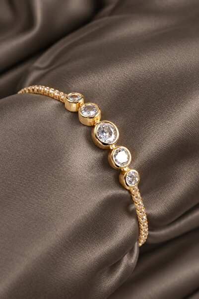 serelya Brass Zircon Stone Row Circle Model Gold Color Elevator Women's Bracelet