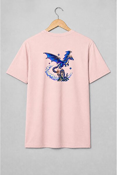 Generic Brand Tricou unisex cu Dragon albastru și castel medieval pixel art
