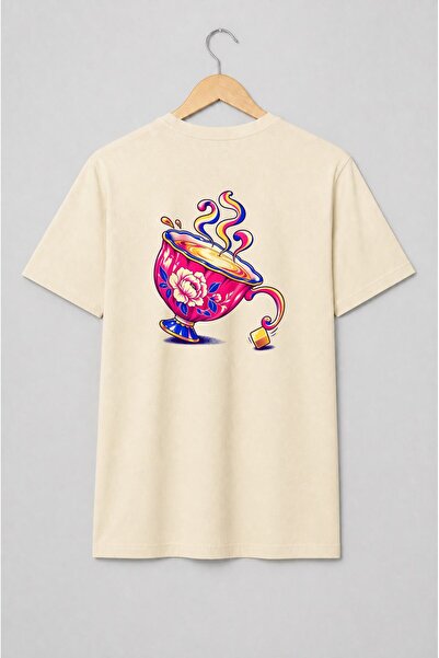 Generic Brand Tricou unisex cu Ceașcă de ceai florală în stil pop art
