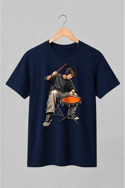 Generic Brand Tricou unisex cu Baterist cu căști și tobă ilustrație muzicală