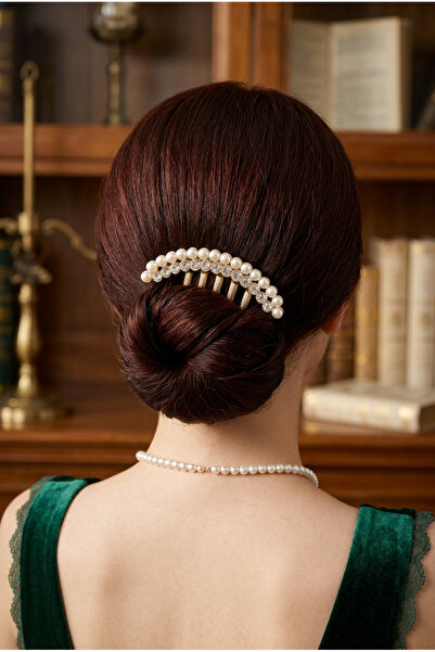 Cinderella Accessories Rhine-Stone İncili Taşlı Gold Taraklı Saç Topuz Tokası...