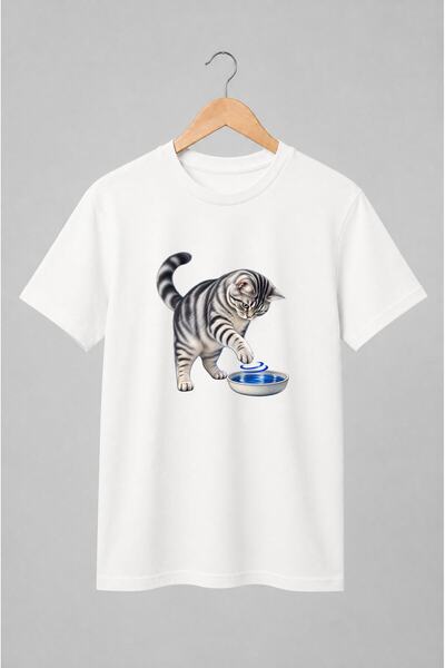 Generic Brand Tricou unisex cu Pisică tigrată cu bol cu apă pentru iubitorii ...
