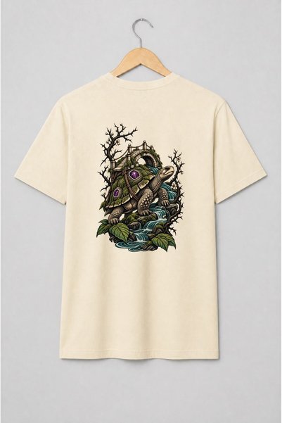 Generic Brand Tricou unisex cu Broască țestoasă fantasy cu pod și cascade