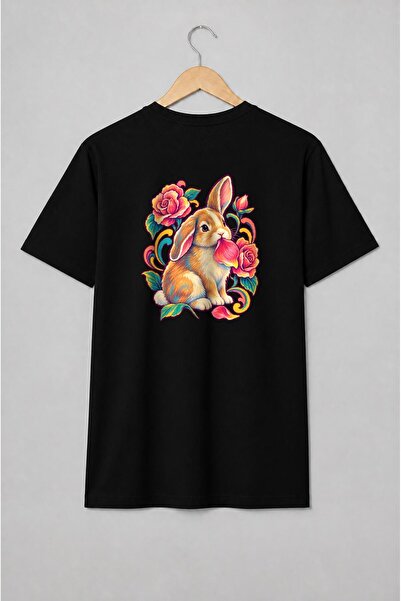 Generic Brand Tricou unisex cu Iepuraș cu trandafiri în stil vintage