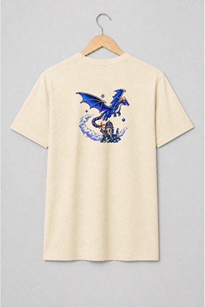 Generic Brand Tricou unisex cu Dragon albastru și castel medieval pixel art