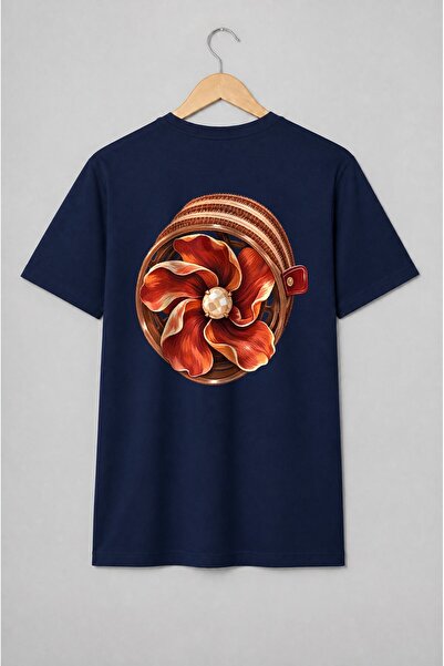 Generic Brand Tricou unisex cu Floare roșie cu ornament central în stil vintage