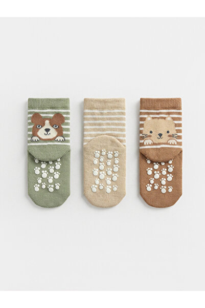 LC Waikiki Rmz Gi̇yi̇m Farkiyla Baby Boy Socks with Animal Figures and Stripe...