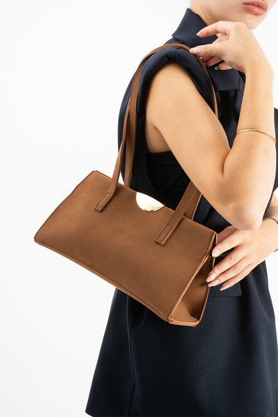 DEV 3 ADAM Tan Suede Women's Baguette Shoulder Bag with Large Internal Volume and Zippered Compartment, Daily Handbag