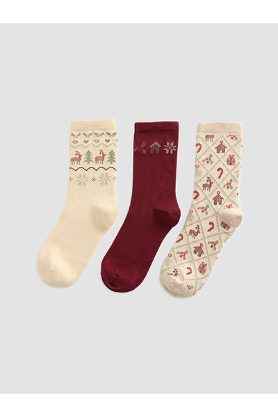 LC Waikiki Rmz Gi̇yi̇m Farkiyla New Year's Themed Women's Socks 3-Piece Set
