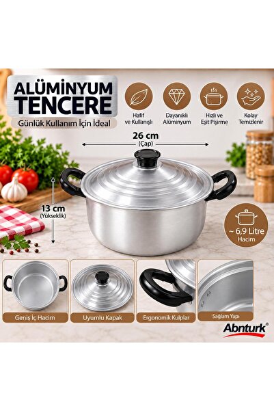 abnturk 26cm Eloksallı Kararmaz Alüminyum Tenceresi- 6,9lt Derin Çift Kulplu ...