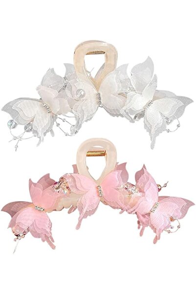 GENERAL 2Pcs Pearl Rhinestone Butterfly Hair Claw Clips, Large Elegant Non-Sl...