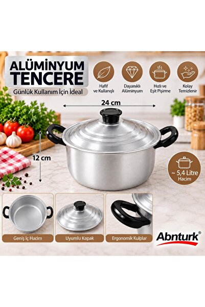 abnturk 24cm Eloksallı Kararmaz Alüminyum Tenceresi- 5,4lt Derin Çift Kulplu ...