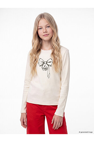 LC Waikiki Two Mt Shop Quality Lcw Kids Ecru Printed Girls' T-Shirt
