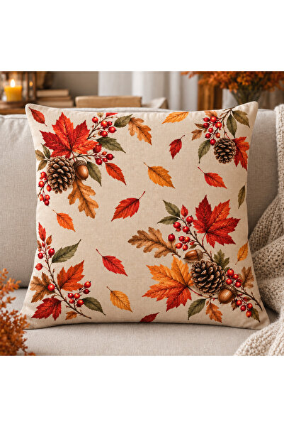 ELVORAN JOY Bal Kabağı Kozalak Sonbahar Desenli 2’li Kırlent Kılıfı 43x43 cm