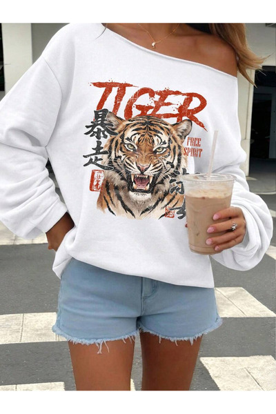 OVER HEAD Kadın Tiger Baskılı Kayık Yaka Oversize Sweatshirt